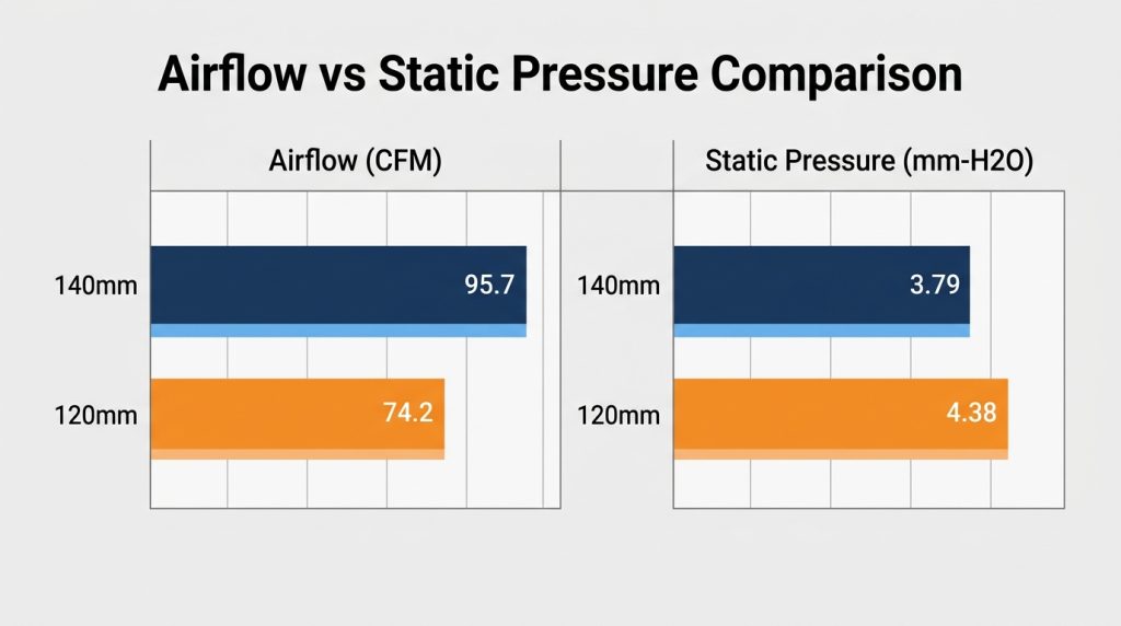 airflow CFM static pressure mm-H2O 140mm 120mm fan comparison chart