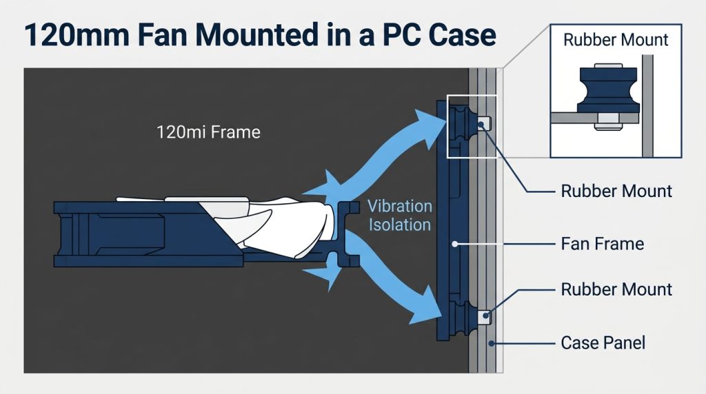 anti-vibration rubber fan mounts case installation acoustic dampening