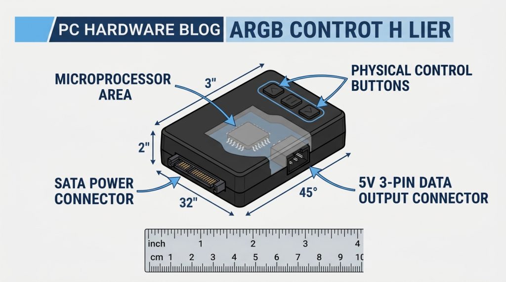 standalone ARGB controller unit with power connector data cable button labeled