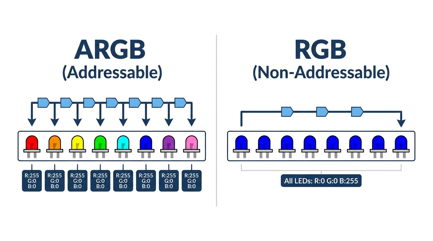 addressable RGB individual LED control vs standard RGB shared color comparison