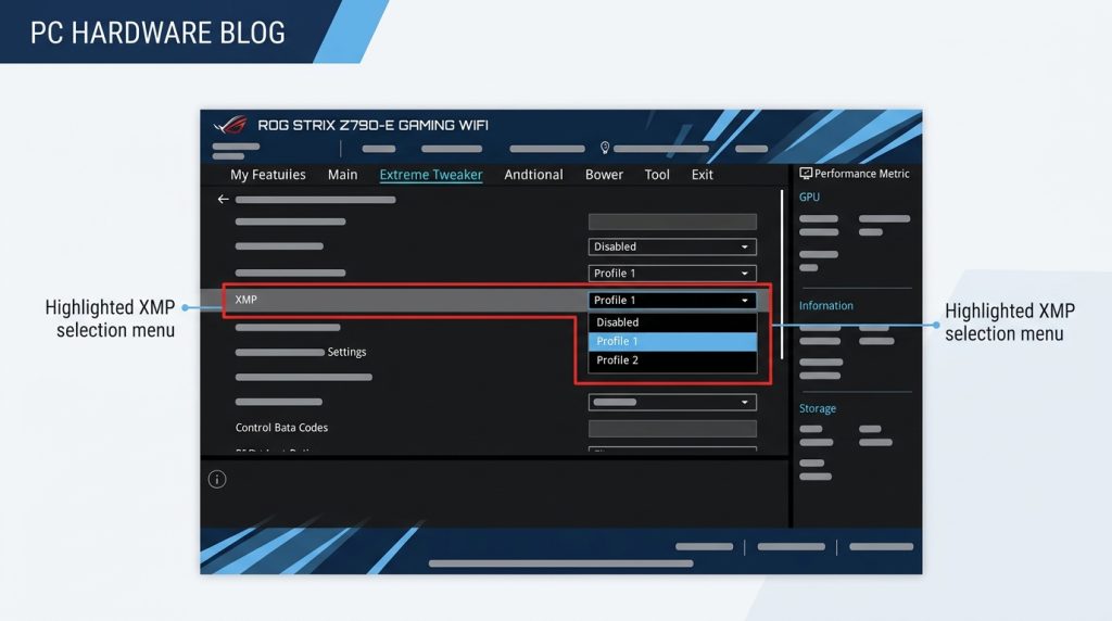 ASUS BIOS Extreme Tweaker tab XMP Profile 1 selection highlighted