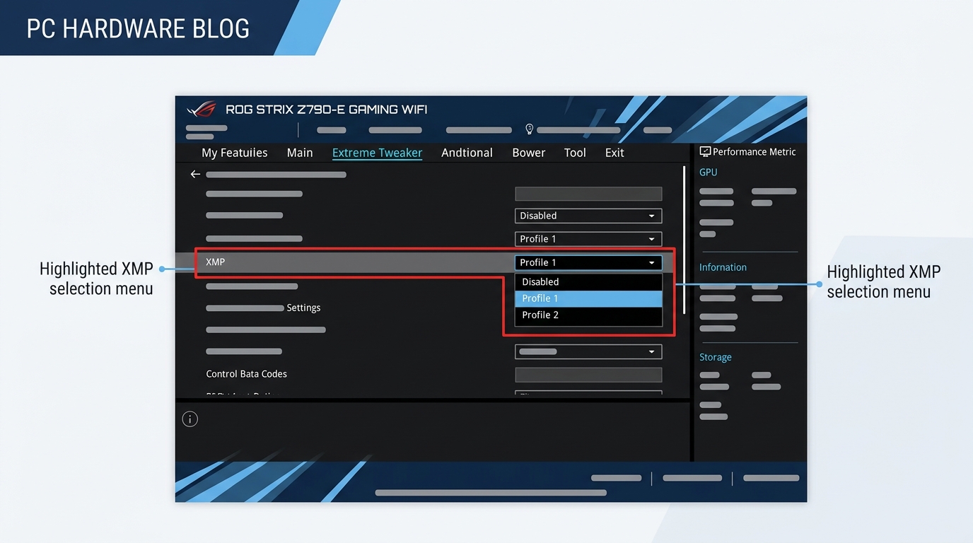 ASUS BIOS Extreme Tweaker tab XMP Profile 1 selection highlighted