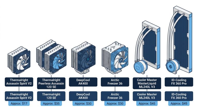 budget CPU cooler lineup air tower AIO liquid cooler side-by-side comparison