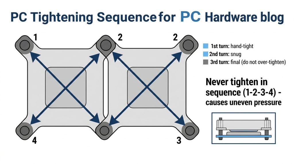 CPU cooler diagonal screw tightening X-pattern mounting sequence