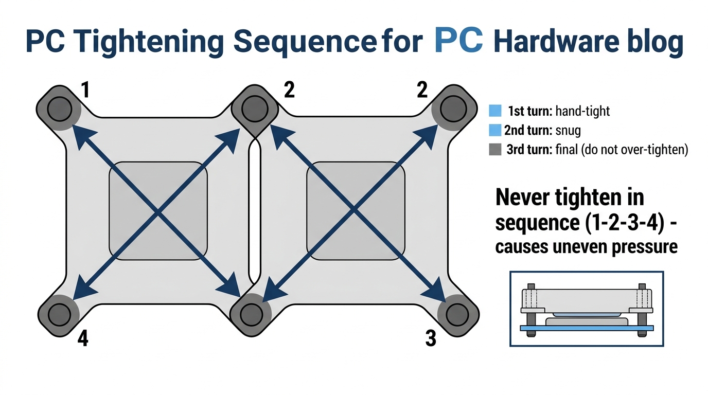 CPU cooler diagonal screw tightening X-pattern mounting sequence