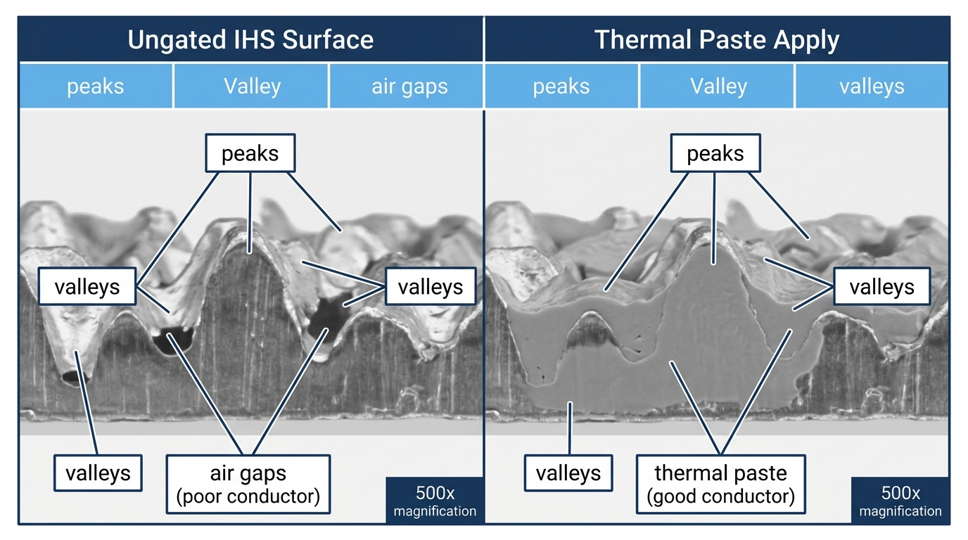 CPU IHS surface micro-irregularities filled with thermal paste eliminating air gaps