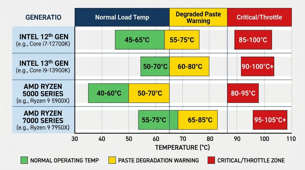 Chart comparing normal, warning, and critical CPU load temperatures across degraded thermal paste stages.