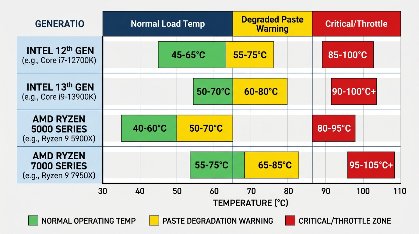 Chart comparing normal, warning, and critical CPU load temperatures across degraded thermal paste stages.