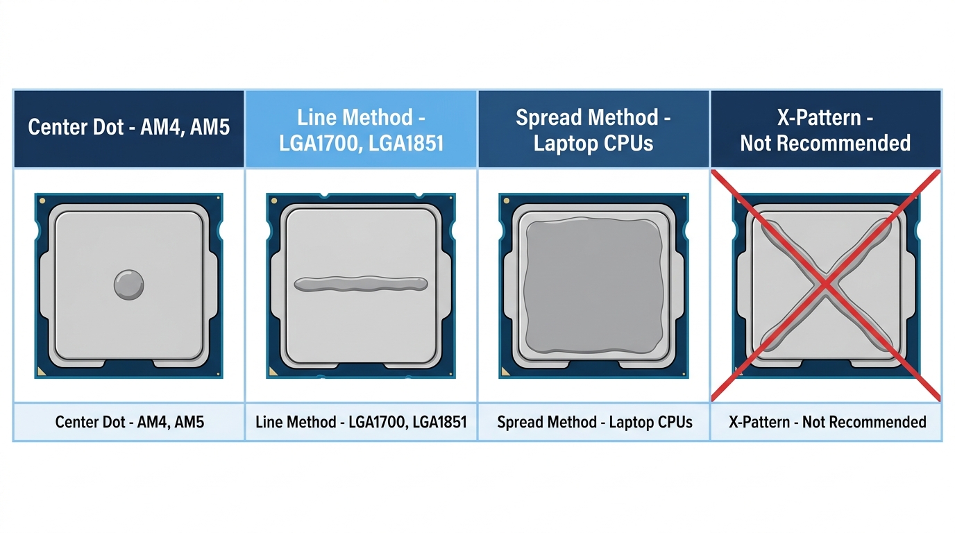 thermal paste application methods CPU center dot line spread comparison