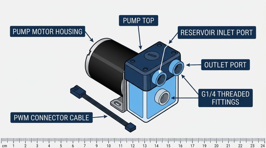 DDC pump with pump top reservoir labeled motor housing impeller inlet outlet G1/4 fittings