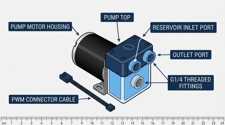 DDC pump with pump top reservoir labeled motor housing impeller inlet outlet G1/4 fittings