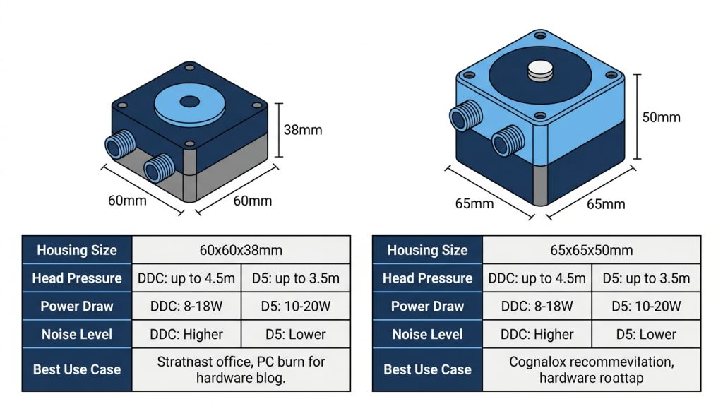 DDC versus D5 pump size comparison dimensions specifications chart