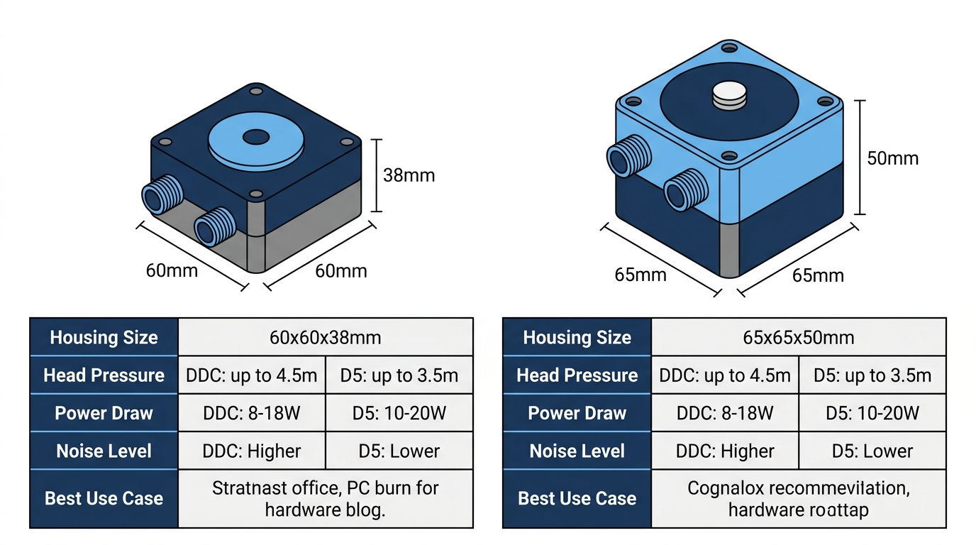 DDC versus D5 pump size comparison dimensions specifications chart