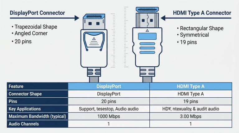DisplayPort and HDMI connector types side-by-side labeled comparison
