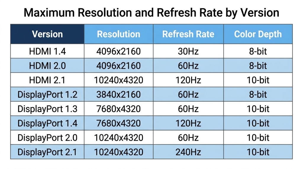 DisplayPort HDMI maximum resolution refresh rate specifications table