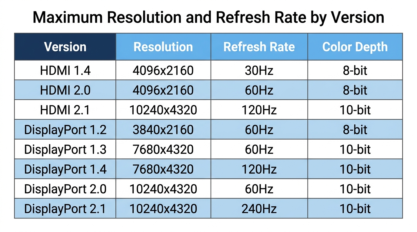 DisplayPort HDMI maximum resolution refresh rate specifications table
