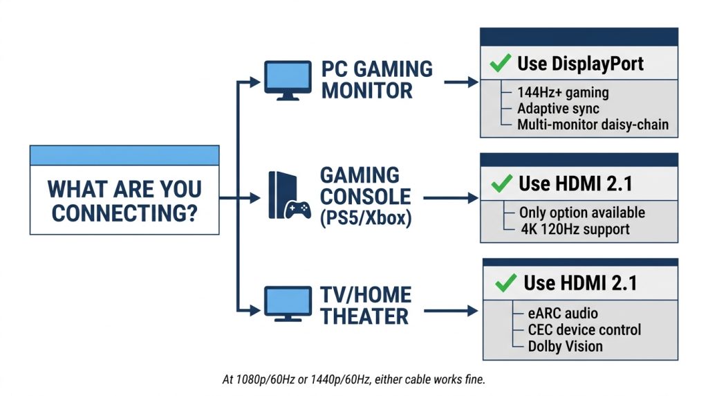 DisplayPort HDMI use case decision tree PC gaming console TV setup