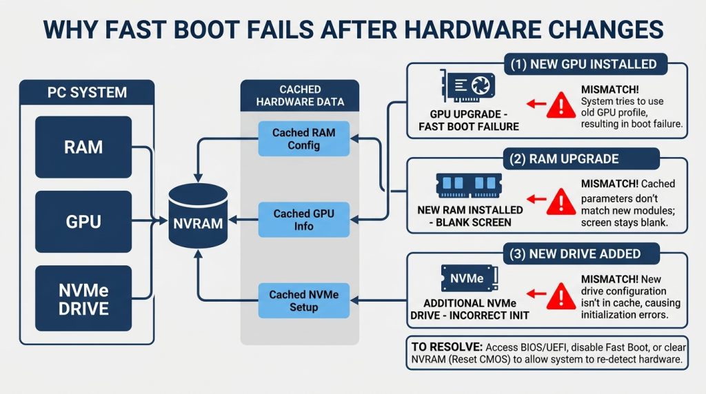 Fast Boot failure scenarios hardware changes GPU RAM NVMe