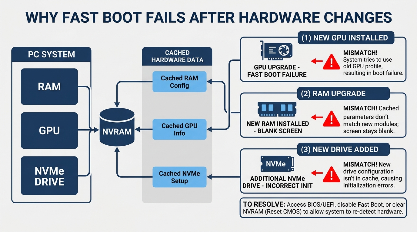 Fast Boot failure scenarios hardware changes GPU RAM NVMe
