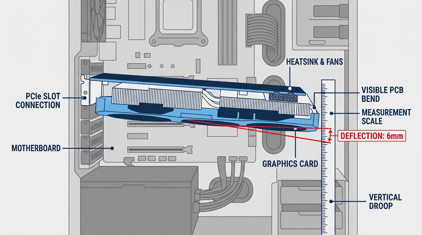 GPU sag deflection measurement showing PCB bend at far end of graphics card