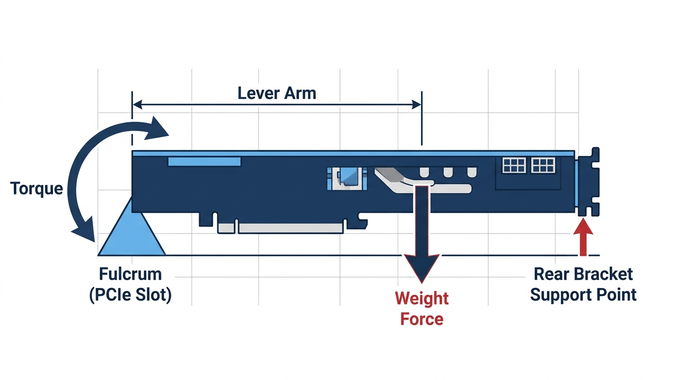 GPU sag physics lever arm torque PCIe connector stress diagram