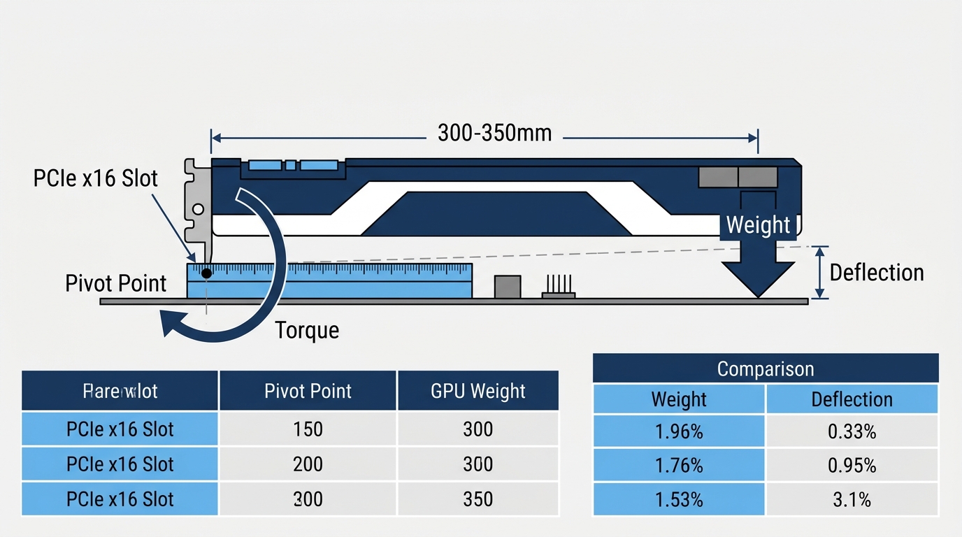 GPU sag physics diagram showing PCIe slot lever arm and weight distribution torque