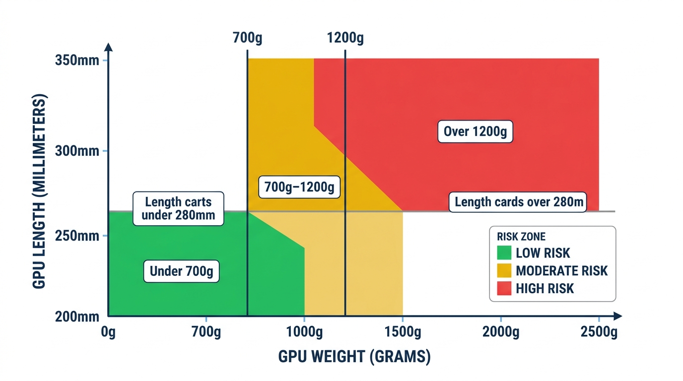 GPU sag risk chart weight length severity scale green yellow red