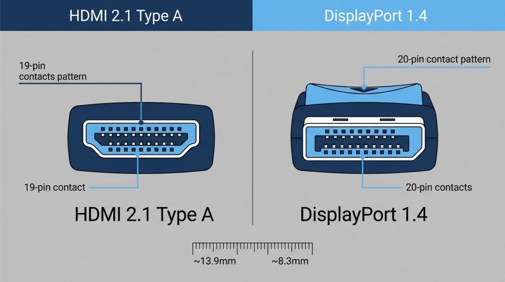 HDMI 2.1 Type A connector DisplayPort 1.4 connector physical appearance comparison