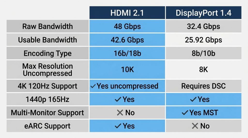HDMI 2.1 DisplayPort 1.4 bandwidth resolution refresh rate specifications comparison