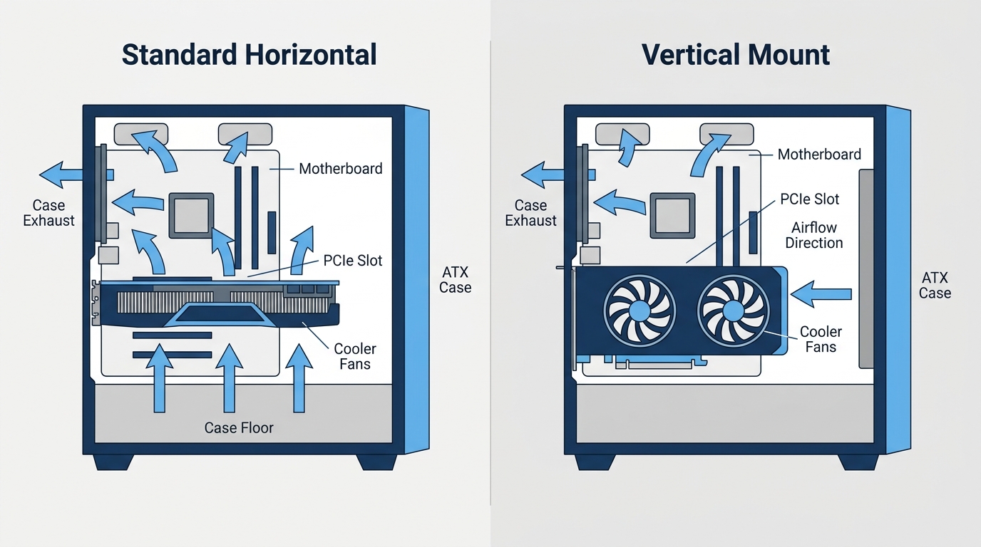 horizontal vs vertical GPU mount airflow path diagram motherboard cooler orientation