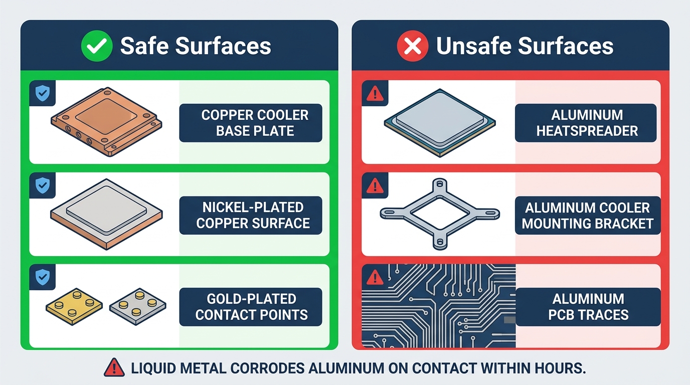 liquid metal safe surfaces copper nickel-plated unsafe aluminum corrosion