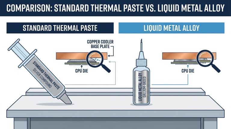 liquid metal thermal paste needle applicator next to standard thermal paste syringe