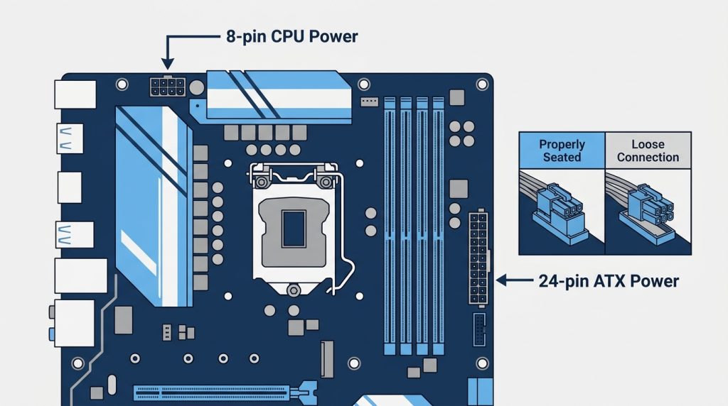 motherboard 24-pin ATX power connector 8-pin CPU power location diagram