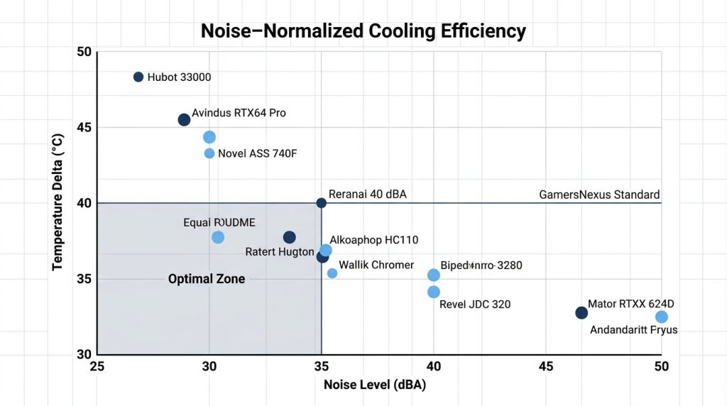 noise-normalized temperature delta budget cooler efficiency comparison dBA