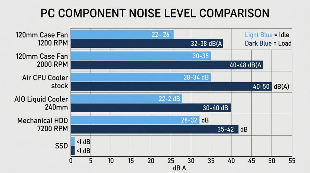 PC component noise levels idle load decibels comparison chart