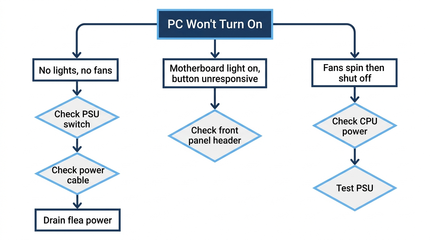 PC won't turn on troubleshooting decision tree flowchart steps