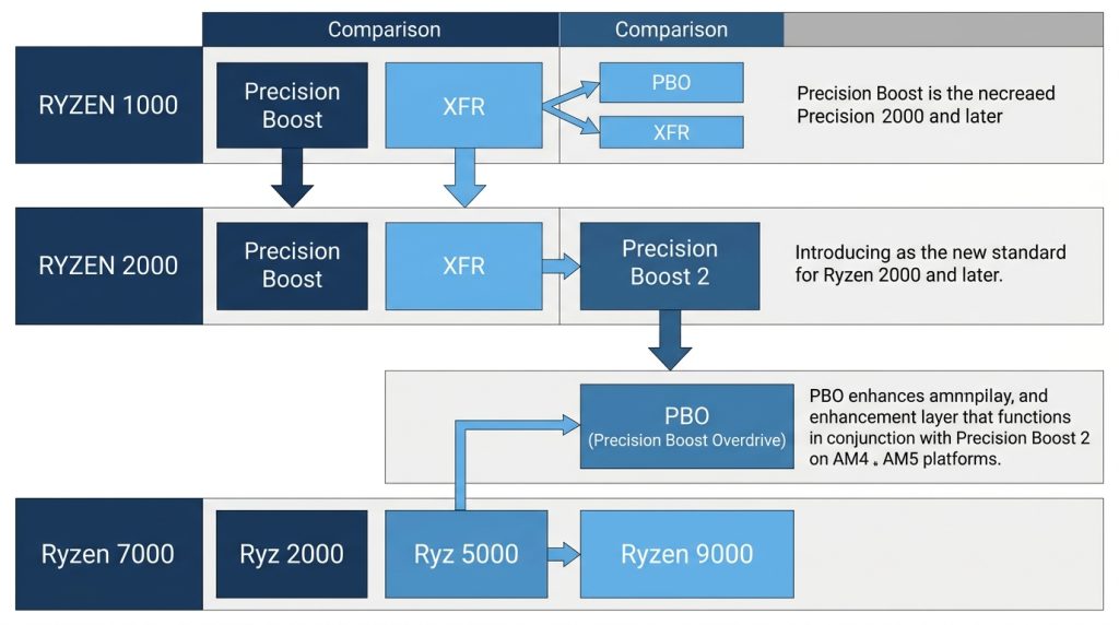 Family tree diagram of AMD Precision Boost technologies across Ryzen generations