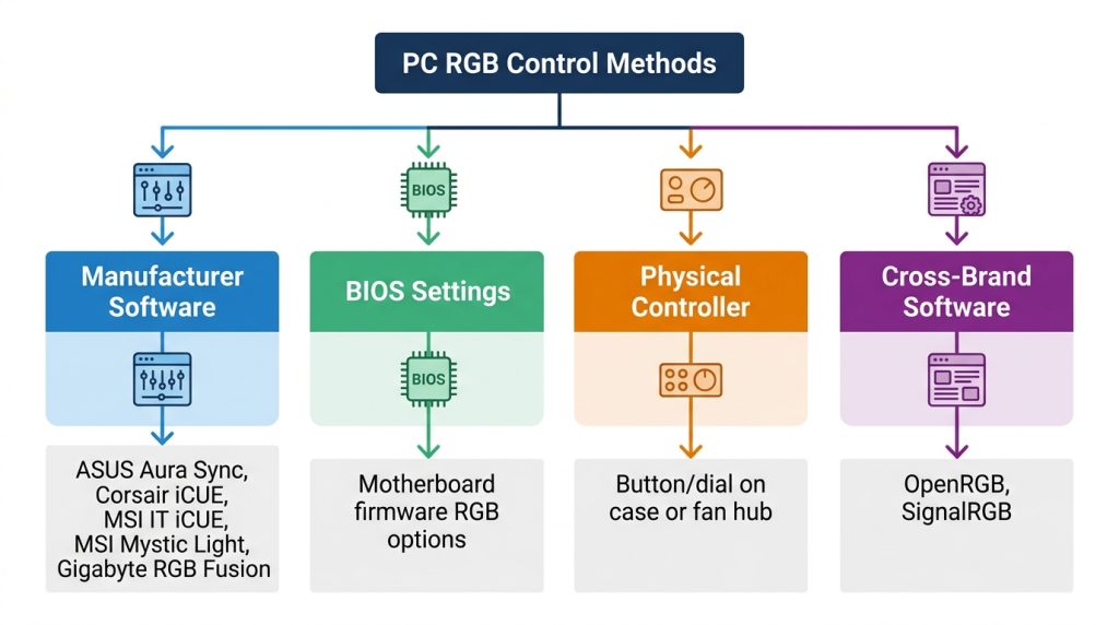 flowchart RGB control methods manufacturer software BIOS physical controller OpenRGB