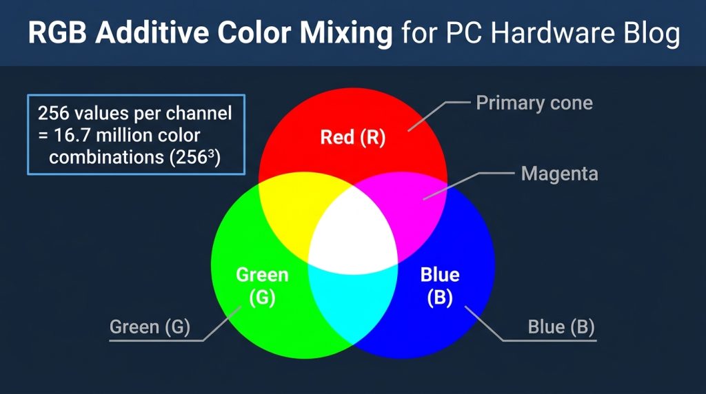RGB additive color model red green blue LED mixing diagram