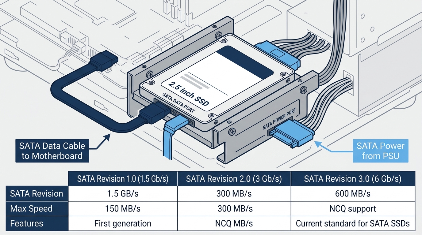 SATA SSD data cable power connector installation 2.5 inch drive