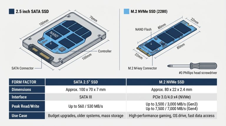 SATA 2.5 inch SSD vs M.2 NVMe SSD size comparison side by side
