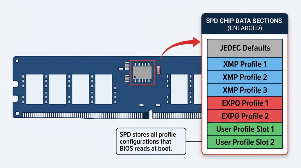 SPD chip DDR5 RAM stick XMP EXPO profile data storage diagram