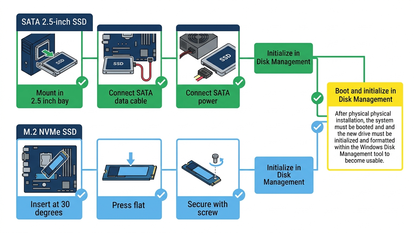 SSD installation steps workflow SATA M.2 post-install initialization