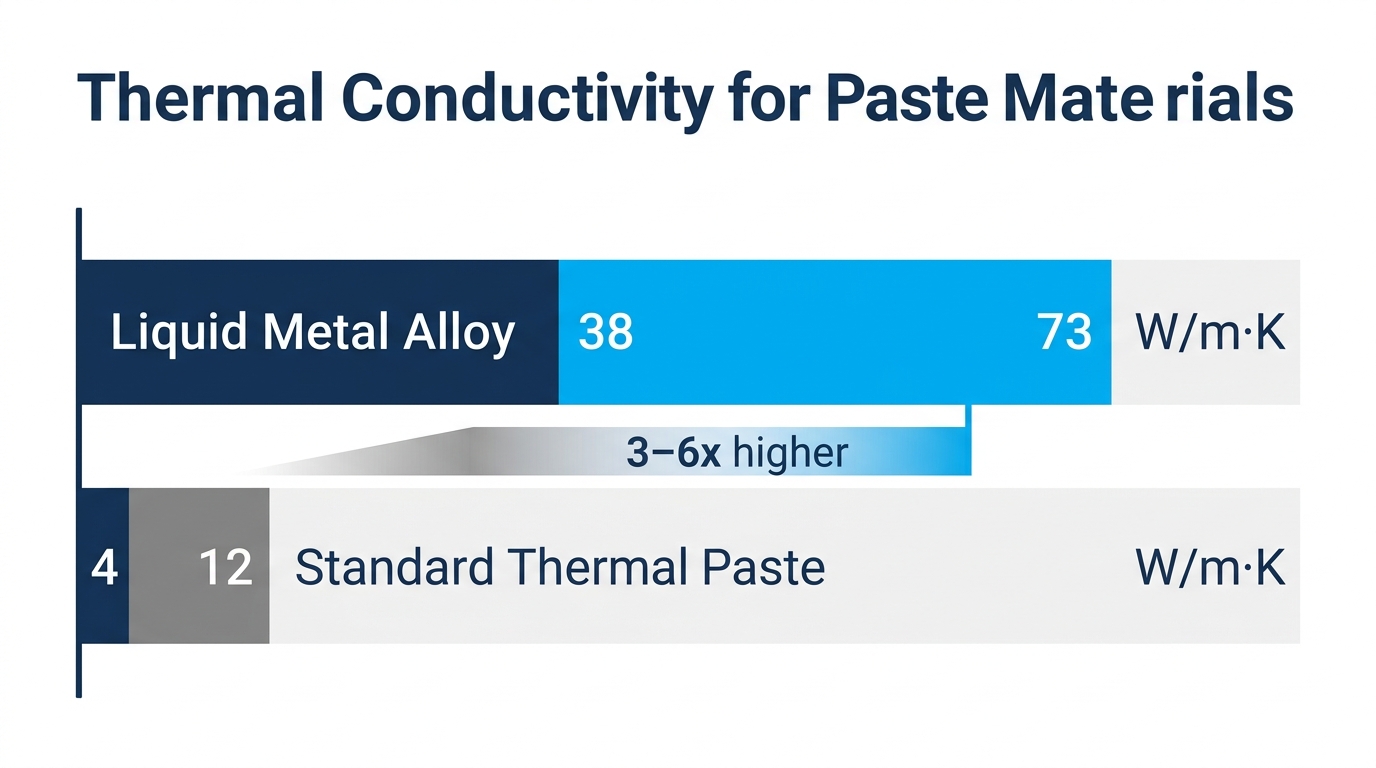 thermal conductivity scale liquid metal 38-73 W/m·K vs standard paste 4-12 W/m·K
