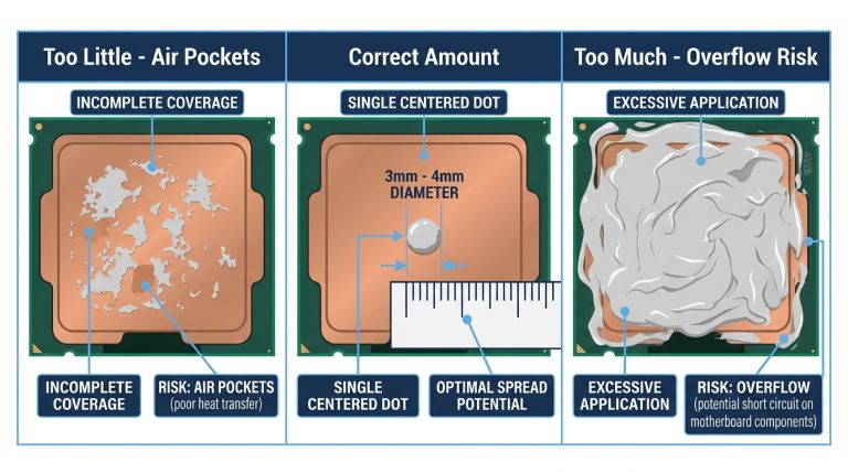 thermal paste amount CPU IHS too little correct too much comparison
