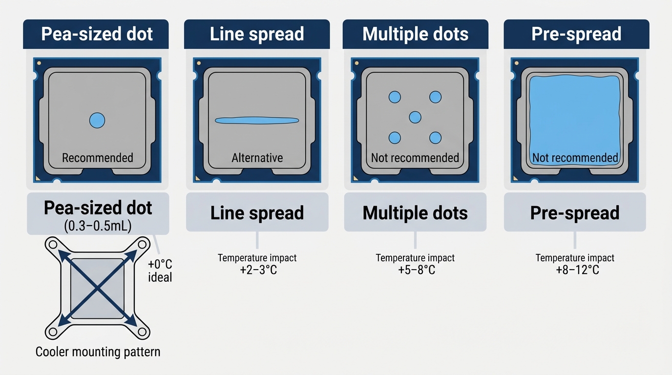 Five thermal paste application patterns compared on a CPU IHS, from center dot to stencil