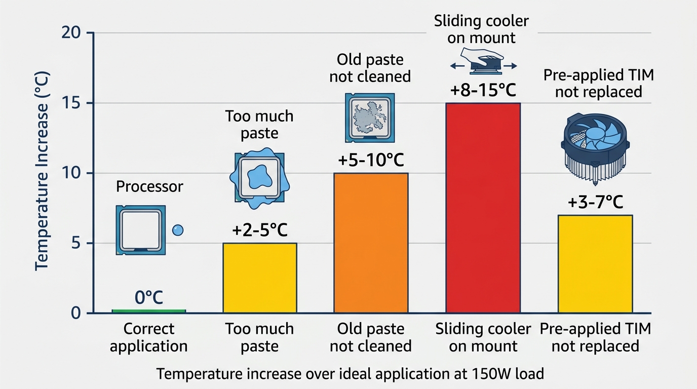 Temperature penalty chart showing CPU idle and load impact from common thermal paste application errors