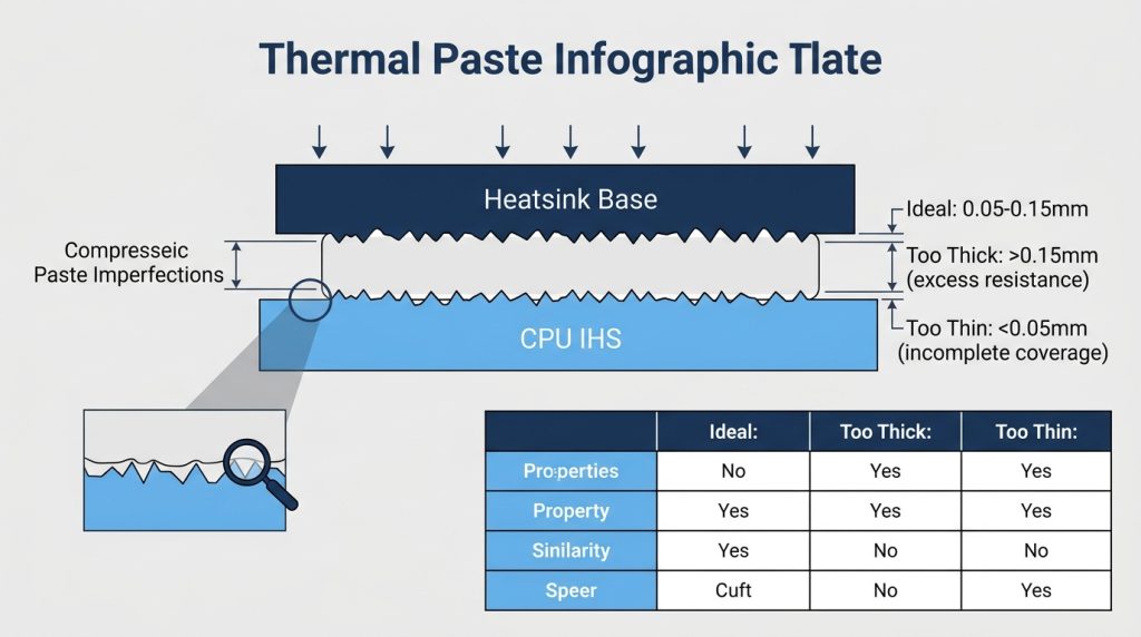 Cross-section diagram showing thermal paste layer compressing between CPU IHS and cooler base