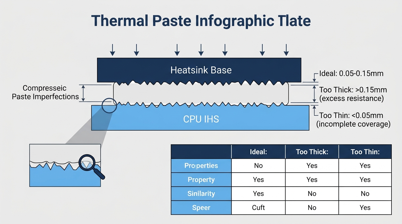 Cross-section diagram showing thermal paste layer compressing between CPU IHS and cooler base