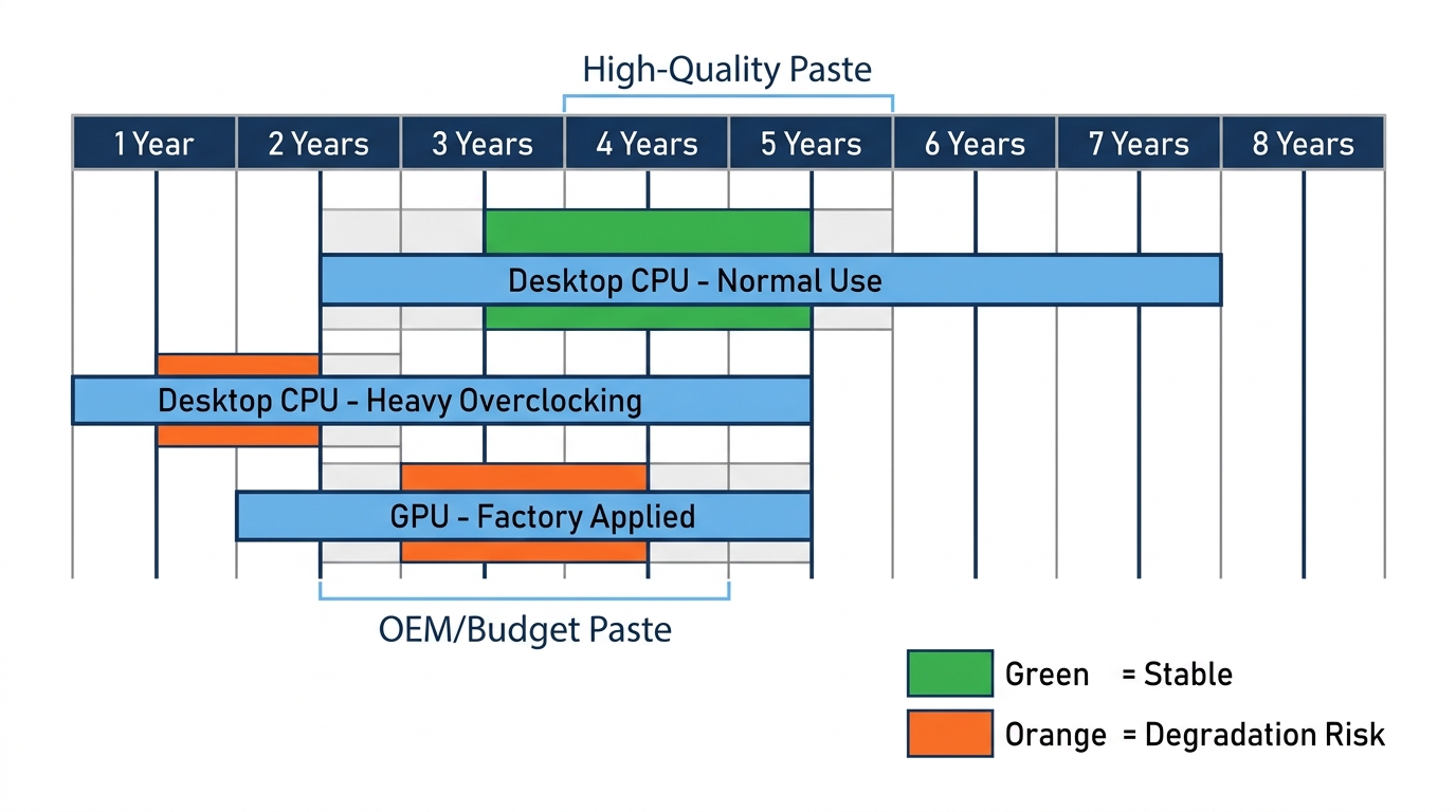 Timeline chart comparing thermal paste degradation over years for CPU and GPU use